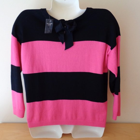 Vintage Abercrombie & Fitch Stripe Sweater Keyhole Bow Black Pink Size Large NEW - Picture 2 of 4